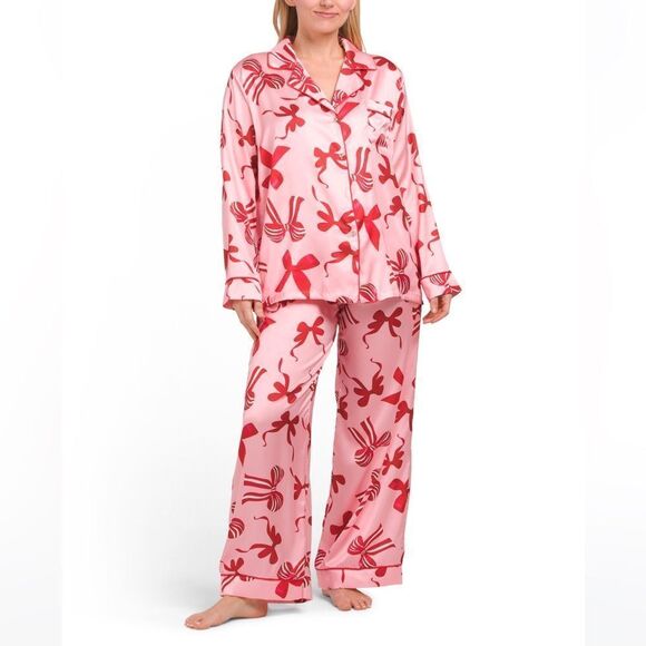 DALIA MACPHEE Pink Festive Bow Tie Print Satin Notched Long Sleeve PJ Set - Picture 1 of 16